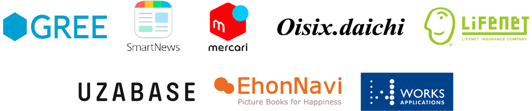 GREE、SmartNews、mercari、Oisix.daichi、LIFENET、UZABASE、EhonNavi、ワークスアプリケーションズ